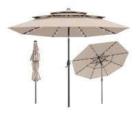 RELAX4LIFE Parasol Droit Inclinable 3M avec LED Solaire | Parasol de Jardin Extéieur 3M LED | Toit Ventilé à 3 Couches | Inclinaison 35° | Manivelle | 8 Baleines | Balcon Terrasse (Beige)