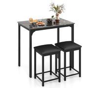 RELAX4LIFE Petite Table à Manger avec 2 Tabourets, Table de Bar avec Tabourets, Plateau en Faux Marbre, Siège Rembourré en Similicuir, Repose-Pieds, Enemsble pour Salle à Manger, Gain de Place