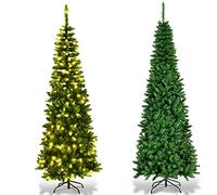 RELAX4LIFE Sapin de Noël Artificiel 200cm avec Lumières LED et Pied en Métal pour Décoration de Noël,Arbre de Noël en Matériau PVC pour Bureau, Maison, Vitrine de Magasin