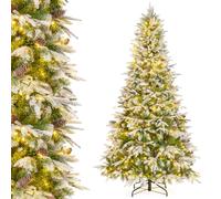 RELAX4LIFE Sapin de Noël Artificiel Lumineux 225 CM, Sapin de Noël Enneigé avec Pommes de Pin, 470 Lumières LED Blanc Chaud, 1135 Branches, Pied en Métal, Décoration Noel, Montage Express (Standard)