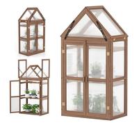 RELAX4LIFE Serre de Jardin en Bois à 3 Niveaux 68x41x132cm avec Double Porte Aération Réglables du Toit, Serre de Plantes Polycarbonate Isolation Thermique pour Balcon Terrasse Jardin