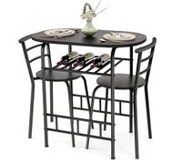 RELAX4LIFE Table à Manger avec 2 Chaises Encastrables, Ensemble Table et 2 Chaises, Petite Table de Cuisine en Métal avec Étagère à Vin, pour Bistro Cuisine Café, 80X53X77 CM (Noir)