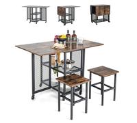 RELAX4LIFE Table à Manger Extensible à roulettes, Ensemble Table et Chaises Ecastrables avec Plateau Rabattable, 2 Étagères de Rangement, Table Roulante avec Cadre en Métal pour Petit Espace
