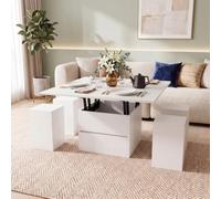 RELAX4LIFE Table Basse Relevable Extensible avec 4 Poufs Intégrés, Blanc | Rangement Secret, Plateau Rabattable, Tiroir, Vérins à Gaz, Table de Salon Convertible avec Tabourets, Hauteur 44-62CM