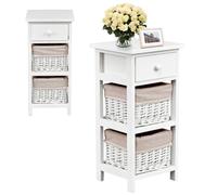 RELAX4LIFE Table de Chevet à 3 Niveaux avec Tiroirs, Table Chevet de lit Simple avec 2 Paniers en Osie& 1 Tiroir en Bois Massif pour Salon/Chambreà Coucher/Bureau, Blanc