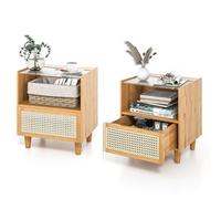 RELAX4LIFE Table de Chevet en Bambou avec Tiroir en Rotin & Plateau en Verre, Table de Nuit Style Simple Moderne avec Espace de Rangement Caché pour Chabre Salon (2, Naturel)