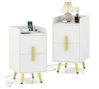 RELAX4LIFE Table de Chevet Moderne avec Station de Charge- 2 Ports USB +3 Prises, 2 Tiroirs, Patins Antidérapants, Pieds en Métal Surélevés, Table de Nuit pour Chambre Salon, 40x32x60 cm (Blanc,2)