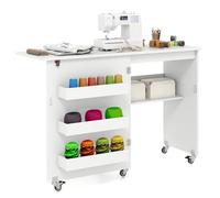 RELAX4LIFE Table de Couture Pliable avec Grand Plateau, 3 Compartiments, Étagère de Rangement, Meuble Gain de Place à roulettes pour Aiguilles, Fils et Ciseaux(Blanc)