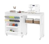 RELAX4LIFE Table de Couture Pliante avec 3 Compartiments, roulettes Verrouillables, Etagère de Rangement, Armoire pour Machine à Coudre Peu Encombrante pour Aiguilles Fils et Ciseaux (Blanc)
