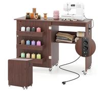 RELAX4LIFE Table de Couture Pliante avec Station de Charge, 2 Prises-Port USB-Type C, 3 Compartiments, 5 roulettes, Meuble Machine à Coudre pour Aiguilles, Fils et Ciseaux (Noyer)