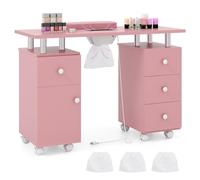 RELAX4LIFE Table de Manucure avec Aspirateur, Table Onglerie à roulettes avec 4 Tiroirs, Placard, Repose-Main, 3 Sacs à Poussière, Bureau de Manucure pour Prothésiste Ongulaire Salon de Beauté (Rose)