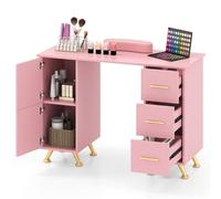 RELAX4LIFE Table de Manucure avec Rangement, Bureau Manucure avec 3 Tiroirs, 2 Armoires, Table Onglerie avec Coussin de Poignet Amovible, Grande Capacité, Plateau 108X45 CM pour Salon de Beauté(Rose)