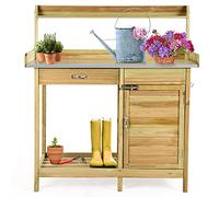 RELAX4LIFE Table de Rempotage en Bois 125CM avec Plateau Ouvrable en Métal, Table de Jardinage avec Étagères Tirroir Armoire Ouverte 3 Crochets, Plan de Travail pour Terrasse Jardin Porche