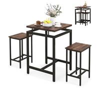 RELAX4LIFE Table Haute Cuisine avec 2 Tabourets Encastrables, Mange-Debout Industriel avec Cadre en Métal, Petite Table à Manger Carrée pour Bar Îlot Central, 60X60X90 CM, Marron Rustique
