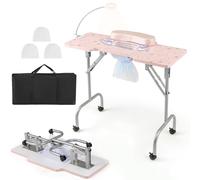 RELAX4LIFE Table Manucure Pliante avec Aspirateur | Table Manucure Pliable sur roulettes | Portable avec Sac | Lampe LED USB | Coussin de Poignet Amovible | Sac à Poussière | Motif Marbre (Rose)