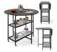 RELAX4LIFE Table Ronde Extensible à roulettes, Table a Manger Ronde Extensible, Plateau à Rabat, Texturée Marbre, Cadre en Métal, Étagère, Pliable pour Gain de Place, Déplacement Facile (Noir)