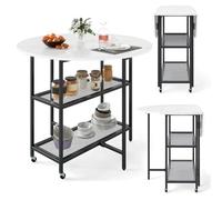 RELAX4LIFE Table Ronde Extensible à roulettes, Table a Manger Ronde Extensible, Plateau à Rabat, Texturée Marbre, Cadre en Métal, Étagère, Pliable pour Gain de Place, Déplacement Facile (Blanc)