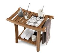 RELAX4LIFE Tabouret de Douche en HDPE Imperméable, Tabouret Salle de Bain avec Étagère de Rangement, Siège de Douche avec Porte-Serviettes, Coussinet Antidérapant, pour Intérieur/Extétrieur, Brun