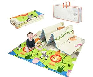RELAX4LIFE Tapis de Jeu pour Bébé Double Face 180 x 200CM avec Sac de Rangement pour Usage Intérieur et Extérieur, Tapis d'Éveil Pliable Imperméable en XPE (Lion)