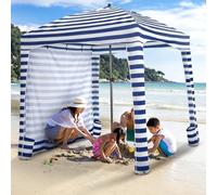 RELAX4LIFE Tente de Plage Pliable 1,8x1,8 M, Auvent Abris de Plage Portable avec Paroi Latérale Détachable, Hauteur Réglable, 8 Sacs de Sable, Sac Transport, Protection Solaire, Montage Facile (Bleu)