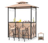 RELAX4LIFE Tonnelle Barbecue Extérieur avec 2 Tabourets | Auvent Abri Barbecue | Toit Ventilé | Comptoir en Verre Trempé | Etagères 2 Niveaux | Porte-Verre | Crochets | pour Terrasse Jardin