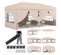 RELAX4LIFE Tonnelle Pliante 3x6 avec Parois, Barnum Pliant 3x6 pour Événement/Marché/Terrasse, Cadre en Acier au Carbone, Tissu Oxford Argenté, Gazebo Tente de Réception avec Sac à roulettes (Beige)