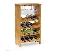 Relaxdays 10013871 Casier à bouteilles de vin Étagère à vin en bambou H x l x P : 84 x 50 x 24 cm range-bouteilles horizontal pour 16 bouteilles porte-bouteilles en bois avec porte-verres pour 12 verres, nature