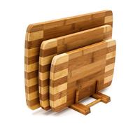 Relaxdays Planches à découper Set de 3 pièces avec support en bois de Bambou naturel rayé design moderne et pratique, nature