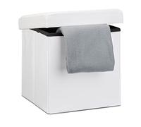 Relaxdays 10019043 Tabouret pliant en similicuir pouf de rangement pliable repose-pieds de stockage carré 38 x 38 x 38 cm avec couvercle amovible assise table ottoman coffre chaise, blanc