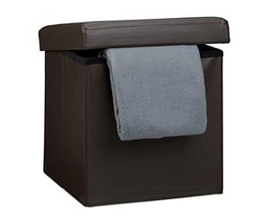 Relaxdays 10019043 Tabouret pliant en similicuir pouf de rangement pliable repose-pieds de stockage carré 38 x 38 x 38 cm avec couvercle amovible assise table ottoman coffre chaise, marron