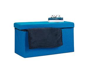 Relaxdays 10019048_45 Pouf de rangement pliant coffre repose-pieds Hxlxp: 38 x 76 x 38 cm, bleu, Lin, 76 x 38 x 38 cm