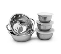 Relaxdays 10019118 Lot de 5 pièces empilables 3 bols en acier inoxydable avec couvercle 1 saladier 1 Passoire Inox mélanger conserver, argenté -30 x 24 x 10 cm