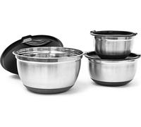 Relaxdays Bol en acier inoxydable lot de 3 avec couvercle et fond anti-glissement Saladier plat creux bol mélangeur protection arômes et saveurs, noir-argenté - Diamètre 17,5 / 21 / 25,5 cm
