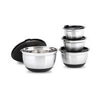 Relaxdays 10019120 Bol en acier inoxydable avec couvercle et fond anti-glissement lot de 4 Saladier plat creux bol mélangeur protection arômes et saveurs, noir-argenté - Diamètre 15,5, 17,5, 21 et 25,5 cm