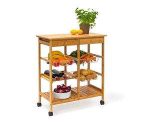 Relaxdays 10019161 Desserte de cuisine JAMES XXL meuble d'appoint îlot chariot de cuisine à roulettes en bambou paniers amovibles HxlxP : 80 x 67 x 37 cm, nature