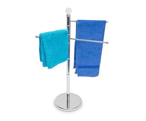Relaxdays 10019262 Porte-serviettes sur pied Porte-vêtements accessoire salle de bain 3 bras métal chromé Ø du socle 29 cm H 93,5 cm support pour essuie argenté