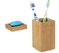 Relaxdays 10020228 Porte-Savon Bambou Rectangle avec Grille en INOX 3 x 12,5 x 10 cm, Nature & 10020226 Gobelet Porte Brosse à Dents - Bambou Nature Verre Salle de Bain, 11,5 x 6,5 x 6,5 cm, Nature