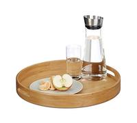 Relaxdays 10020235 Plateau de service rond en bambou plateau repas transport poignées HxlxP: 5 x 38,5 x 38,5 cm apéritif bois, nature