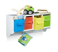 Relaxdays 10020354 Etagere murale pour enfants ALBUS avec 4 crochets manteaux 4 boîtes de rangement colorées H x l x P: 28 x 61 x 16 cm, blanc