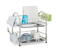 Relaxdays 10020389 Egouttoir à vaisselle 2 étages porte couvert inox grille assiette HxlxP: 39,5 x 60 x 22 cm, argenté