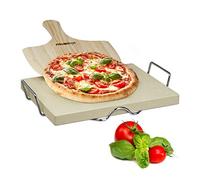 Relaxdays 10020489 Pierre à pizza 3 cm épaisseur pierre à pain rectangle support en métal pelle à pizza en bois HxlxP: 7 x 43 x 31,5 cm, nature