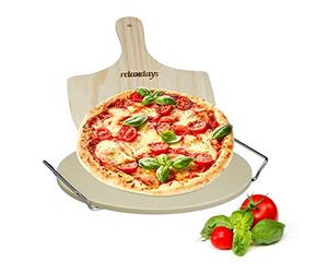 Relaxdays 10020491 Pierre à pizza ronde 1 cm avec support en métal pierre à pain cuisson four pelle à pizza bois spatule HxlxP: 4 x 32 x 32 cm, nature