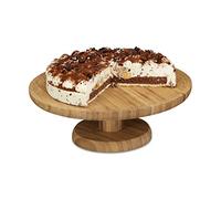 Relaxdays 10020545 Assiette à gâteau sur pied 33 cm bambou assiette à tarte plat de service rond H x D: 11,5 x 33 cm, nature