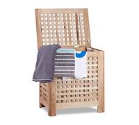 Relaxdays 10020619 Coffre à linge en noyer avec couvercle sac amovible 70 Litres panier à linge bois corbeille, nature - HxlxP: 55,5 x 52,5 x 39,5 cm