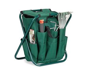 Relaxdays 10020714 Tabouret porte-outils de jardinage 16 poches et compartiment intérieur pliable HxlxP: 42 x 30 x 39 cm, vert