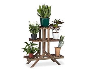 Relaxdays 10020749 Etagère à fleurs en bois escalier pour plantes échelle 3 étages 5 places HxlxP: 82,5 x 83 x 28,5 cm brun foncé