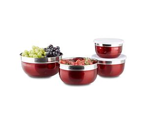 Relaxdays 10020833 Bol mélangeur avec couvercle lot de 4 saladiers en inox plusieurs tailles HxlxP: 9 x 18,4 x 18,4 cm, rouge