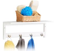 Relaxdays 10020923 Étagère Murale avec 4 Patères, 17,5 x 50 x 16 cm, Bambou, Porte-Serviette, Garde-Robe Suspension, Blanc, HLP
