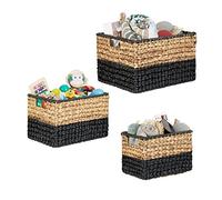 Relaxdays 10021513 Panier de rangement lot de 3 corbeilles tressées boîtes empilables jacinthe d’eau poignées, nature et noir, Naturel, 22 x 31 x 21 cm