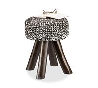 Relaxdays 10021520_469 Tabouret Teck, Pouf Exotique Bois, Assise Ronde Repose-Pieds 120 kg HxlxP: 48x38x38 cm, Noir-Blanc, 48 x 38 x 38 cm